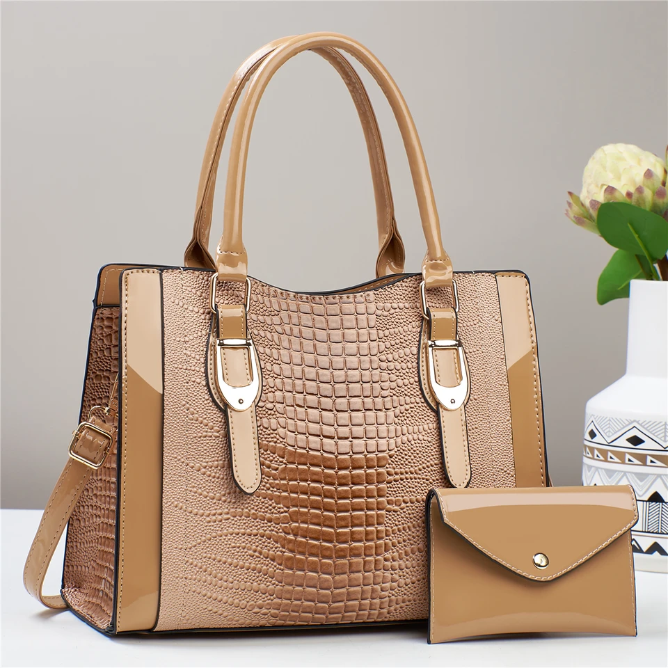 2pcs Glossy Crocodile Pattern Handbag Set, Fashion Top Handle Tote