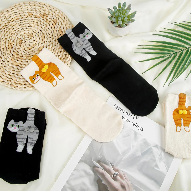1/2/4 Paar Lustige Damensocken mit Abstraktem 3D-Katzen-Ei-Muster, Weiche Bequeme Katzen-Po-Bedruckte Niedliche Mittellange Socken – Detail 3