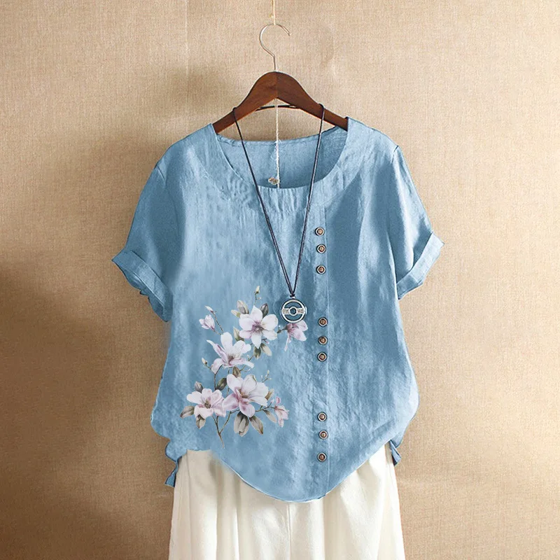 Cotton Linen Floral Short Sleeve Blouse for Women