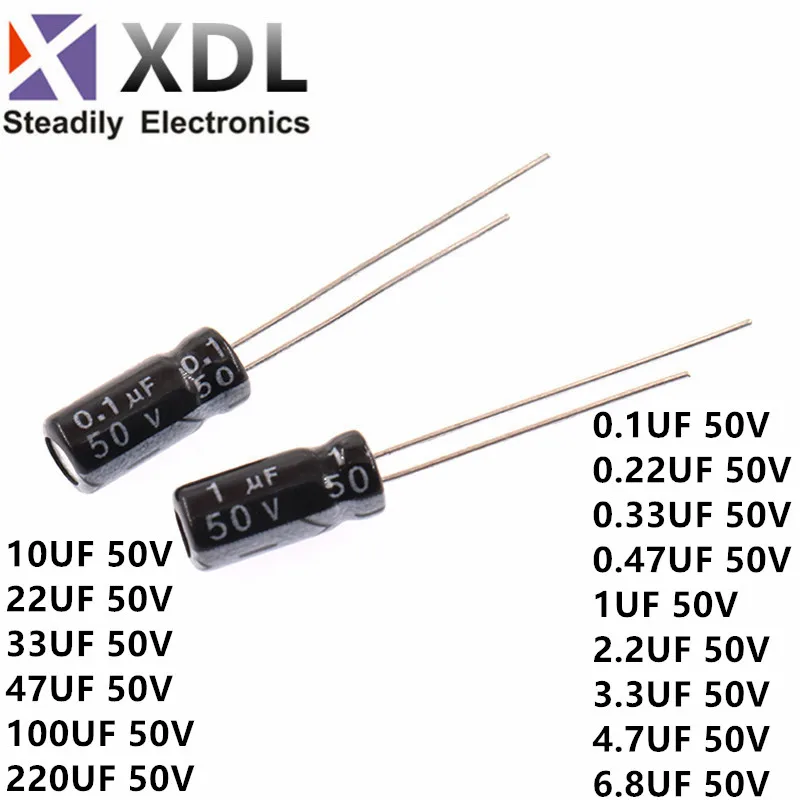 50V 0.1uF 0.22uF 0.33uF 0.47uF 1uF 2.2uF 3.3uF 4.7uF 6.8uF 10uF 22uF 33uF 47uF 100uF 220uF Electrolytic Capacitor