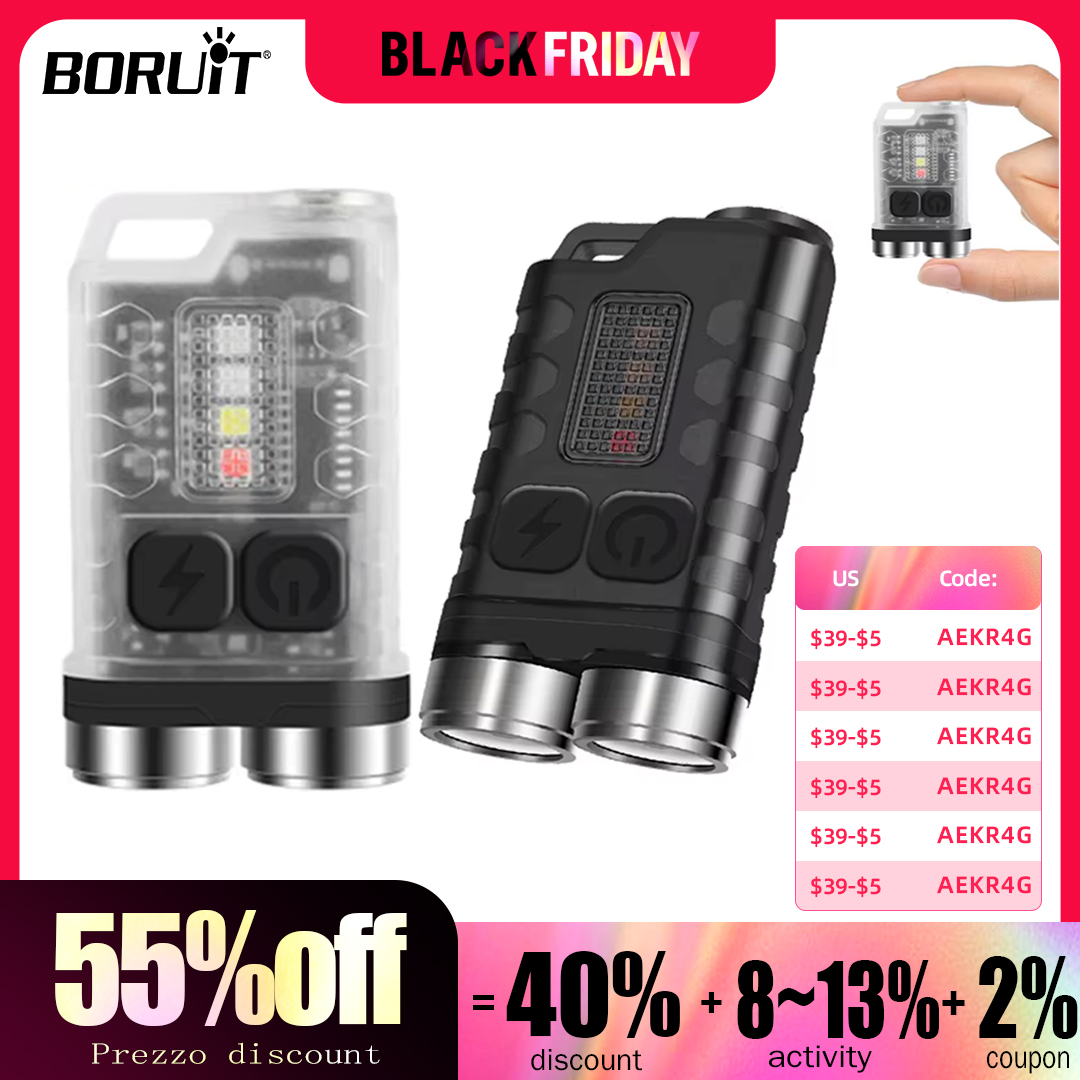 BORUiT V3 Mini LED EDC Flashlight Keychain Powerful Torch Type-C Rechargeable Lamp Waterproof Tiki Camping Lantern With UV Light