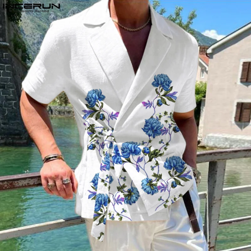 

2023 Men Shirt Flower Printing Lapel Short Sleeve Lace Up Streetwear Casual Men Clothing Fashion Leisure Camisas S-5XL INCERUN