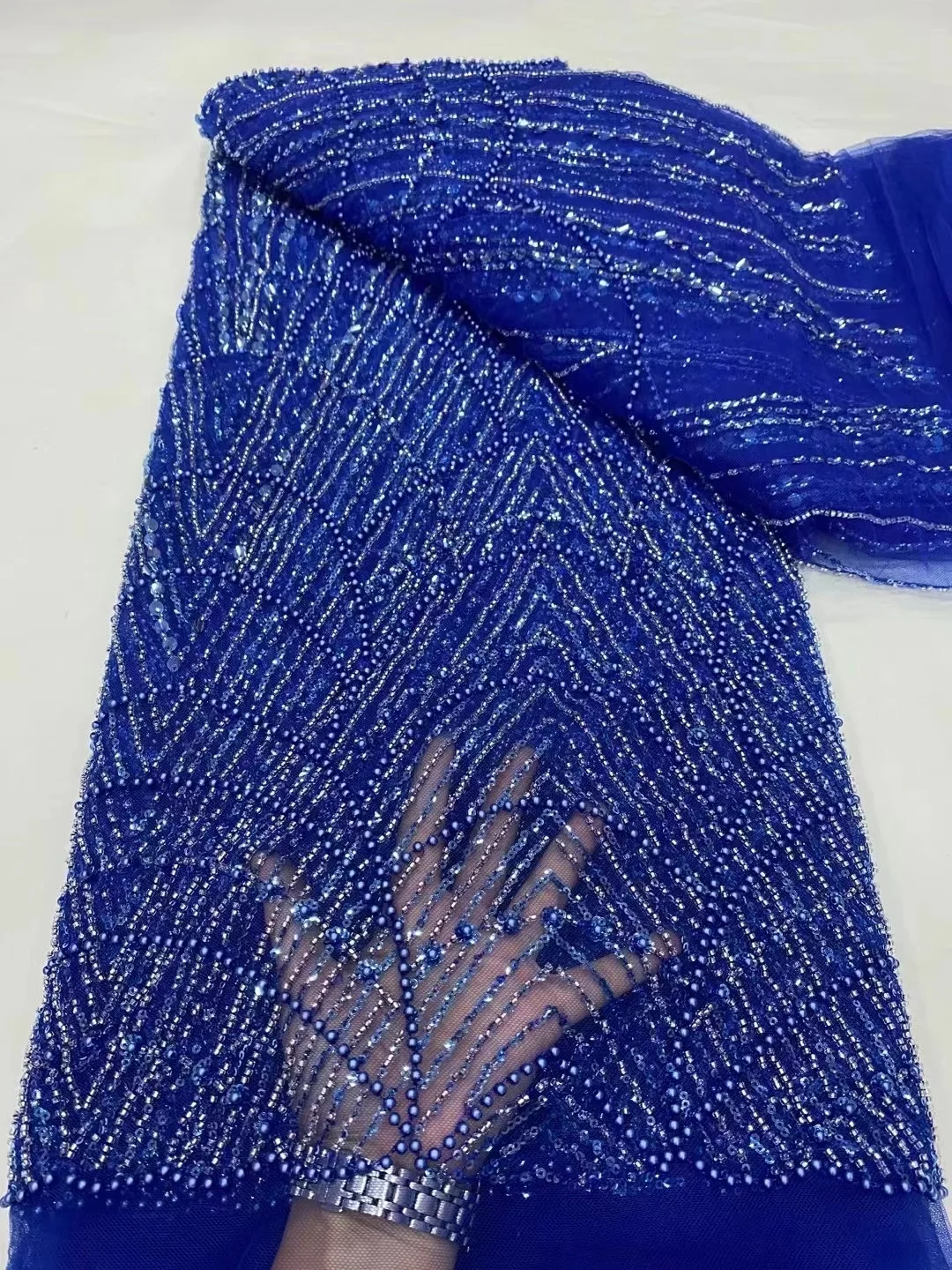 

Royal Blue (5yards/pc) High grade tube beads sequins embroidered tulle lace bling bling African French net lace fabric for party