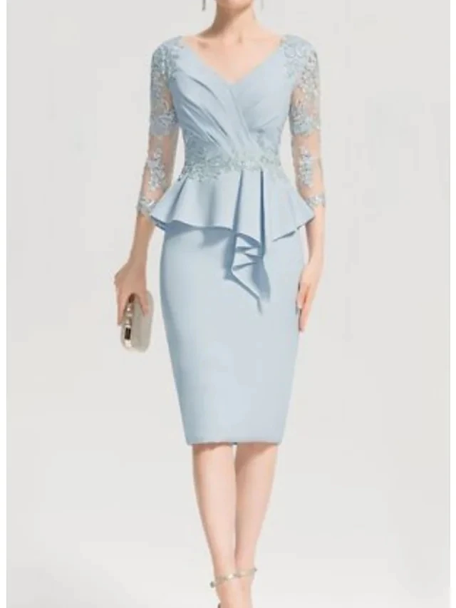 

Retro Sheath Light Blue Mother of the Bride Dress Elegant V-Neck Knee Length Chiffon Lace 3/4 Length Sleeve Wedding Guest Dress