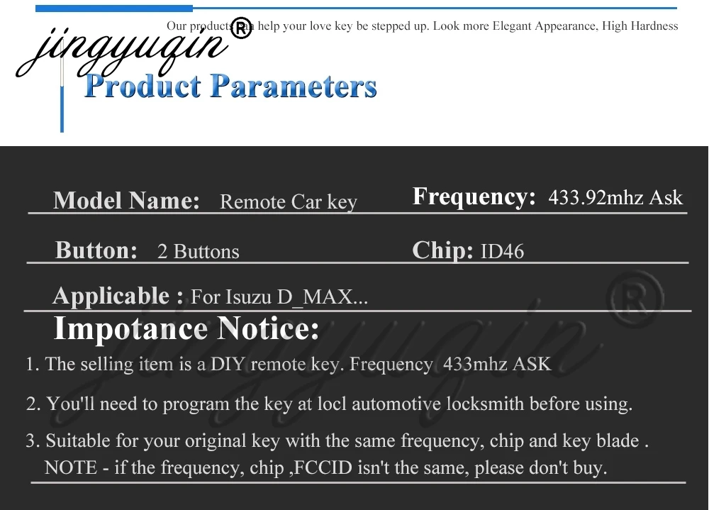 Jingyuqin Fernbedienung Auto Schlüssel Control Fit für ISUZU D-Max M-UX 433,92 Mhz FRAGEN ID46 Chip TOY43 2 tasten Auto Schlüssel Fob Ersatz – Detail 4