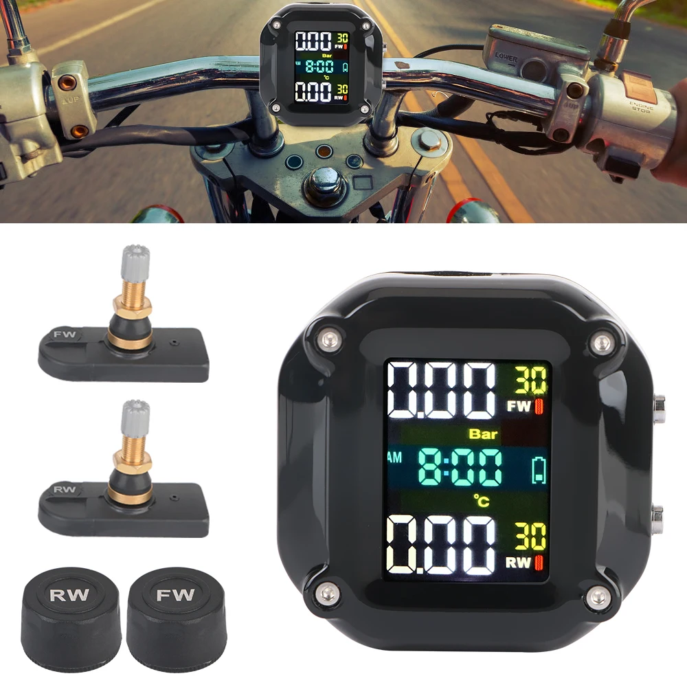 Motorcycle Tire Pressure Monitor Motorcycle TPMS Tire Pressure Sensors 0-6.6Bar Monitor System High Precise Colorful Display Tyre Tester Motorbike Accessories