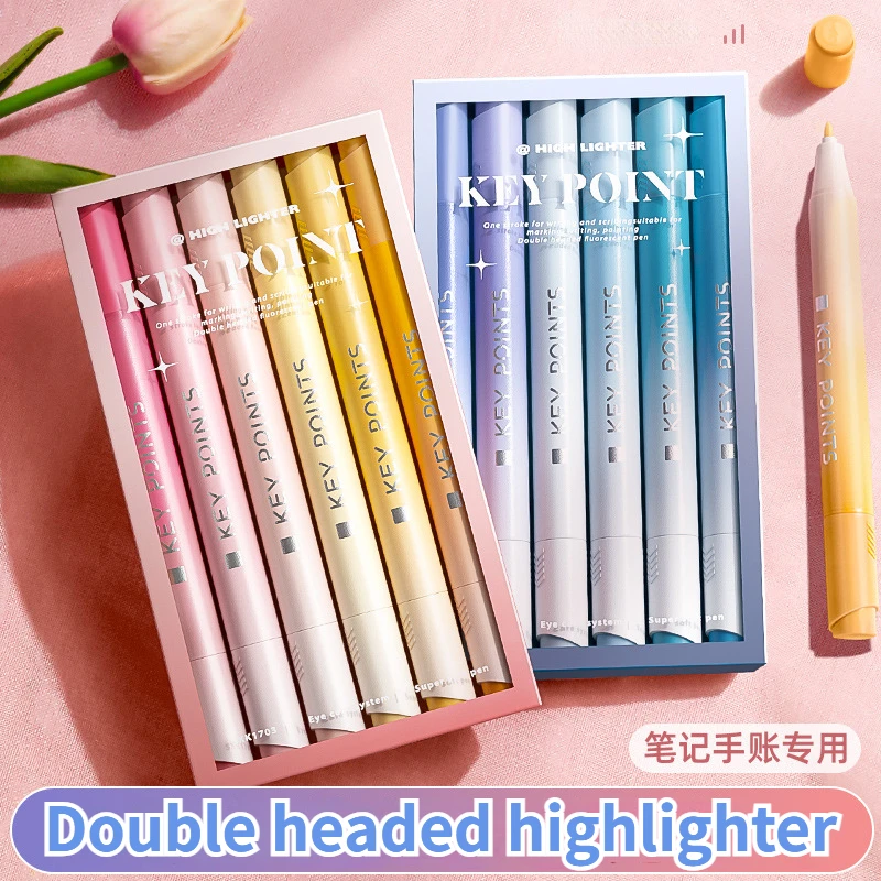 

6 Colors/box Kawaii Double Head Highlighter Pen Fine Pastel Fluorescent Pen Markers Scrapbook Painted Stationery School Supplies