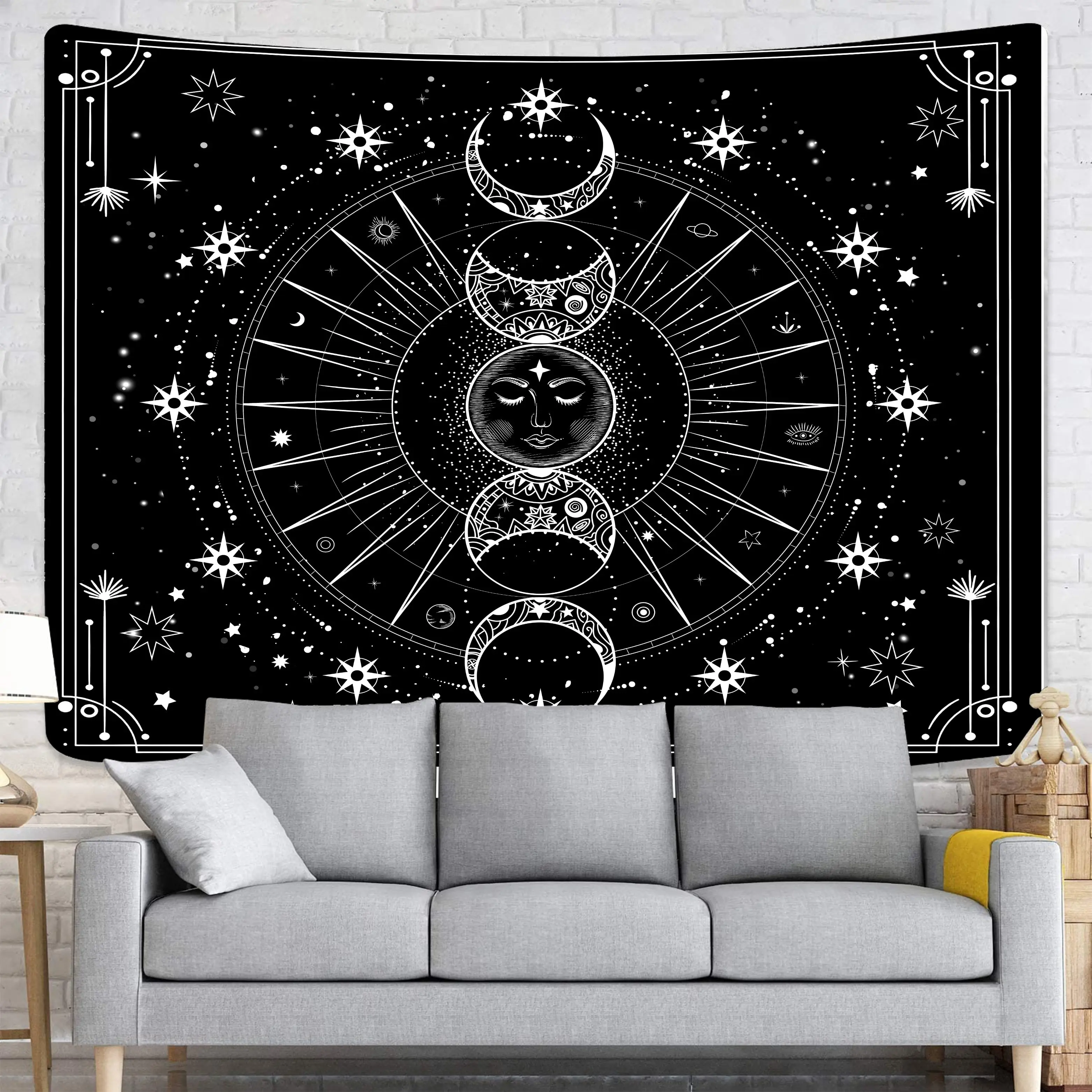 Psychedelic Sun And Moon Constellation Tapestry Bedroom Decoration Black And White Pattern Wall Hanging 1 Piece Of 75x58CM tapestry decor