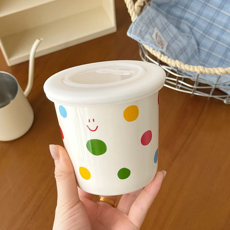 ins colored polka dot coffee cup hand held ceramic cup with lid yogurt cup sealed mug high value gift