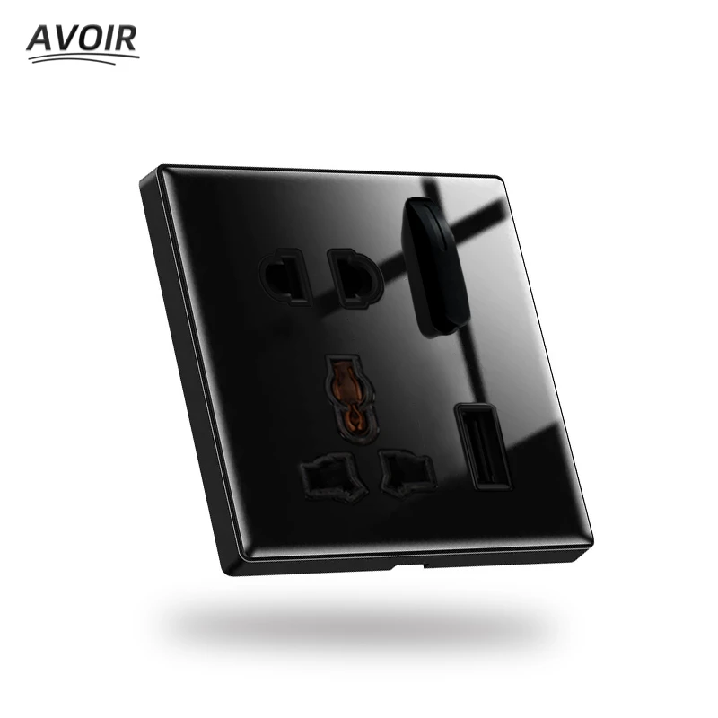 Avoir 13A UK Power Socket LED Indicator Piano Key Reset Switch Black