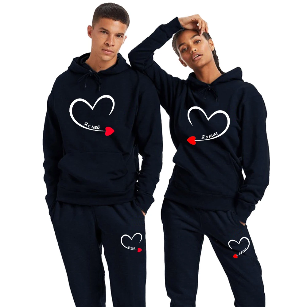 

2023 Men Sweatshirts Women Hoodies Couple Tracksuit I'm With Her Print Lover Hoodie and Pants 2 Pieces Hooded Sweat Fleece Suits