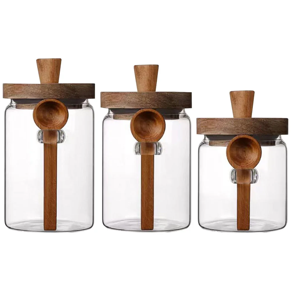 

3 Sets Glass Spice Jar Salt Storage Holder Kitchen Supplies Sugar with Spoon Condiment Seasoning Container Cover