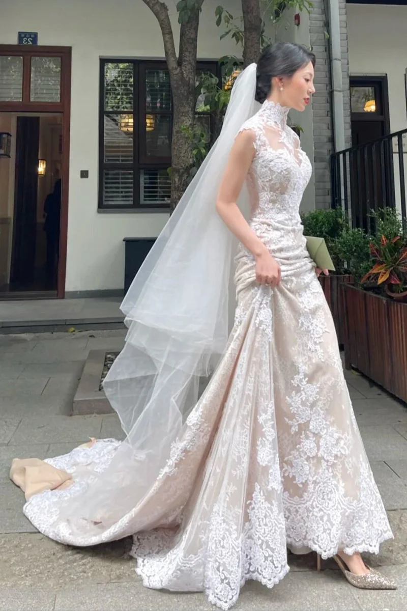 

Classic Hollow Out Sweep Train Wedding Dress Short Sleeves Lace Mermaid Vintage Bohemian Bridal Gowns vestidos de mairee mariage