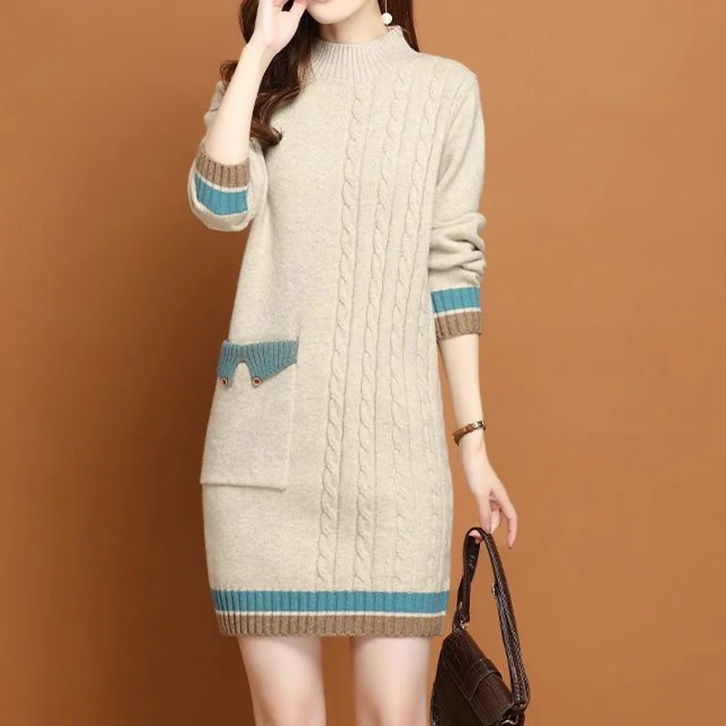 

2023 New Elegant Autumn Winter Thick Warm Solid Color Pullovers Ladies Casual Women's Clothing O-neck Knitting Dresses Fashion