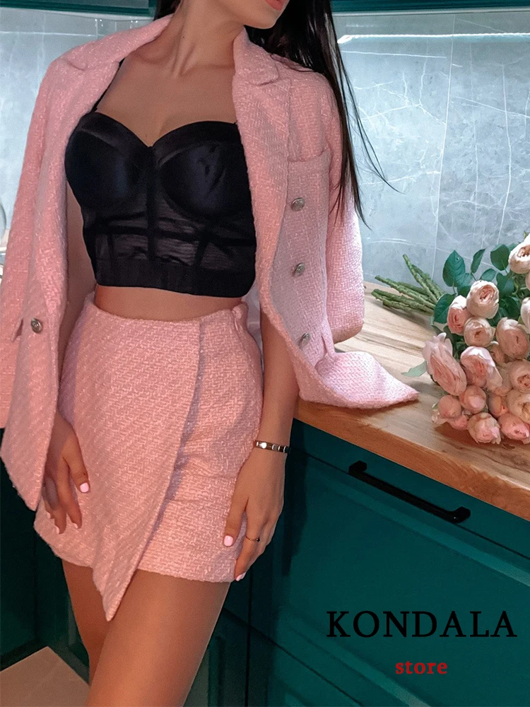 KONDALA Chic Pink Blazer Office Lady Fashion 2022 Plaid Oversized Long Jackets Women Long Sleeve Double Button Pockets Tops 3