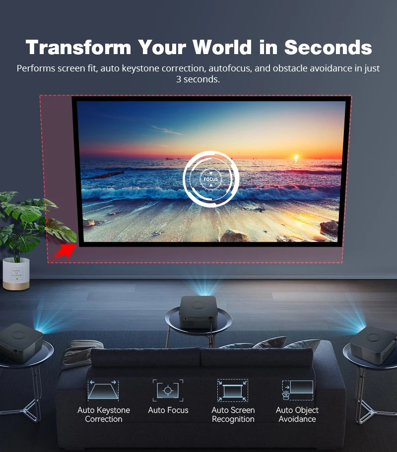 LYNCAST 4K Projector L007CM Native 1080P 600 Ansi Smart WiFI Android 11.0 Auto Focus Correction Home Theater