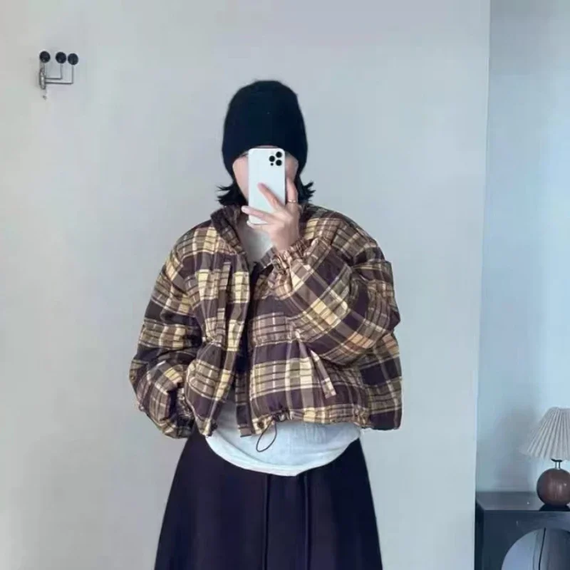Fashion Plaid Women's Winter Down Jacket Short Small Coats White Duck Down Padding New Outerwear Korea College Style Jacket