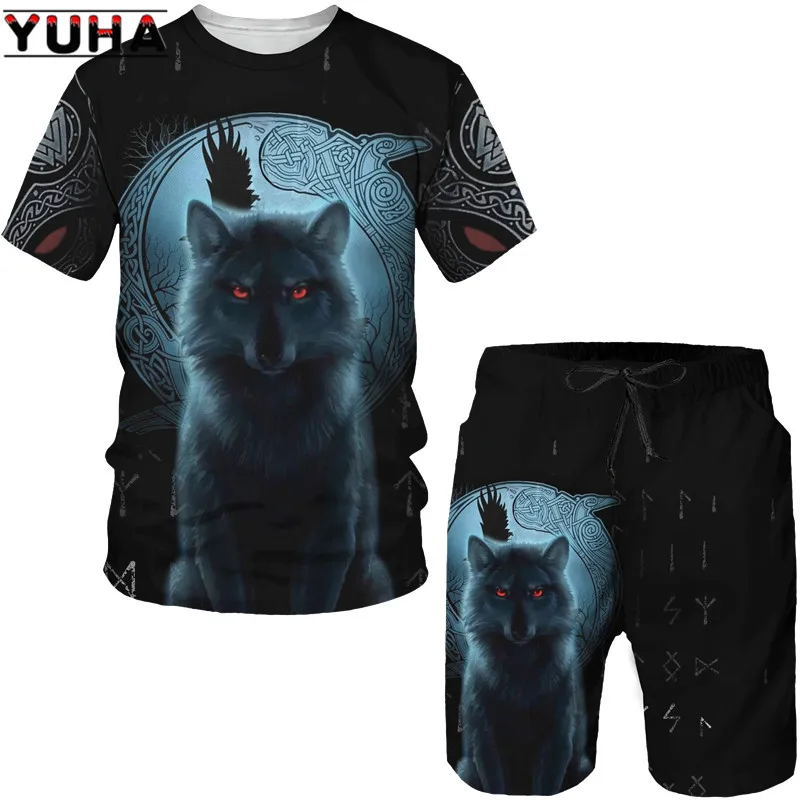 YUHA, Summer 3D Wolf Printed Men's T-Shirt+Shorts Suit ，Fashion Hip Hop O-neck Short Sleeve Tops Unisex Cool Animal Sport Tracks