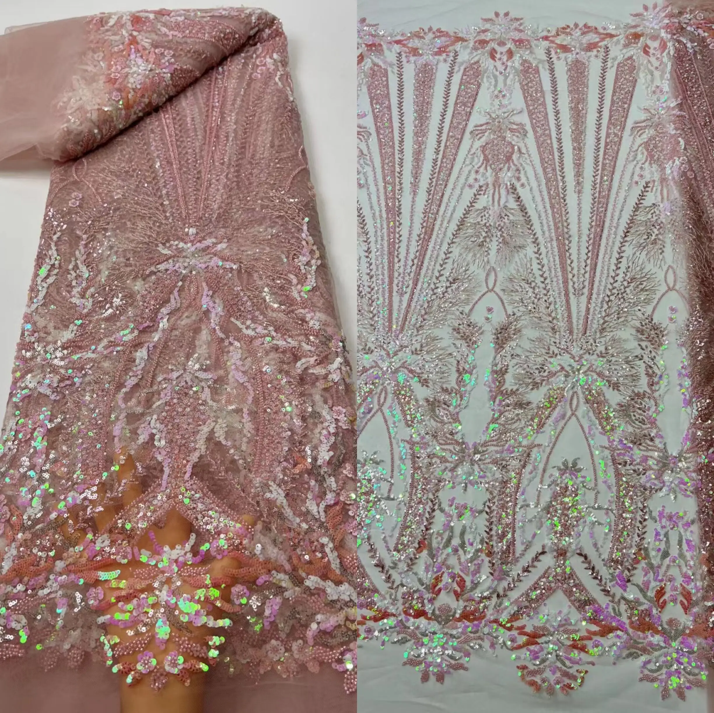 

African French Lace Fabric S-1226287 African Tulle Lace Fabric High Quality Nigeria Sequins and beads Lace Embroidered Wedding