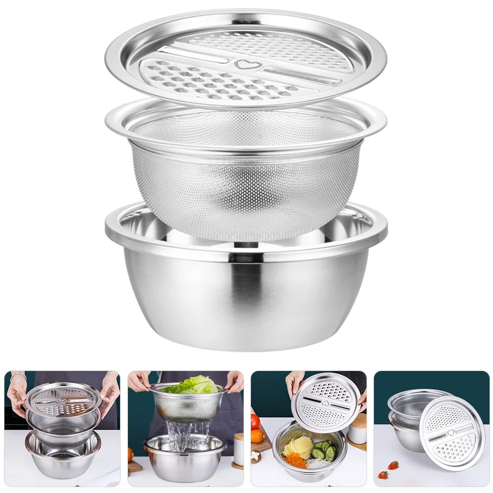 

Grater Basin Gift Three-piece Set Kitchen Vegetable Stainless Steel Grating Slice Sink Drain Basket Rice Sieve Draining