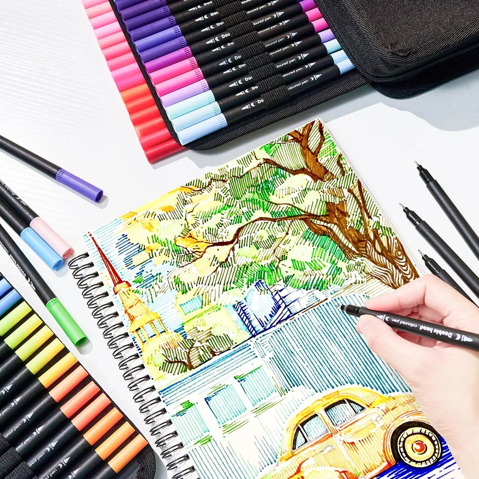 72 Colors Premium Dual Tip Art Markers Set with Foldable Case - Extra Fine & Brush Tips for Adult Artists Drawing, Painting view 4