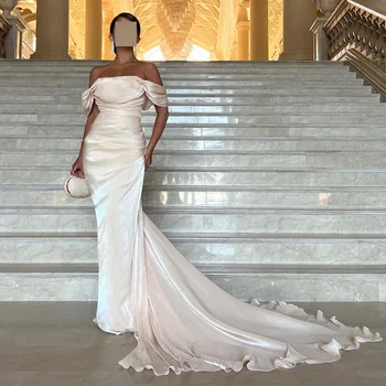Elegant Off Shoulder Arabic Mermaid Beige Evening Dress for Women Wedding Party Dubai Long Formal Gowns