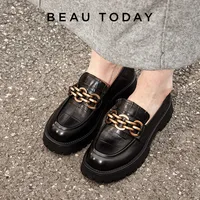 BeauToday-Mocassins en Cuir de Vache group pour Femme, Chaussures Rondes en Métal, à Plateforme JOSlip-on, Faites à la Main, I27748 1