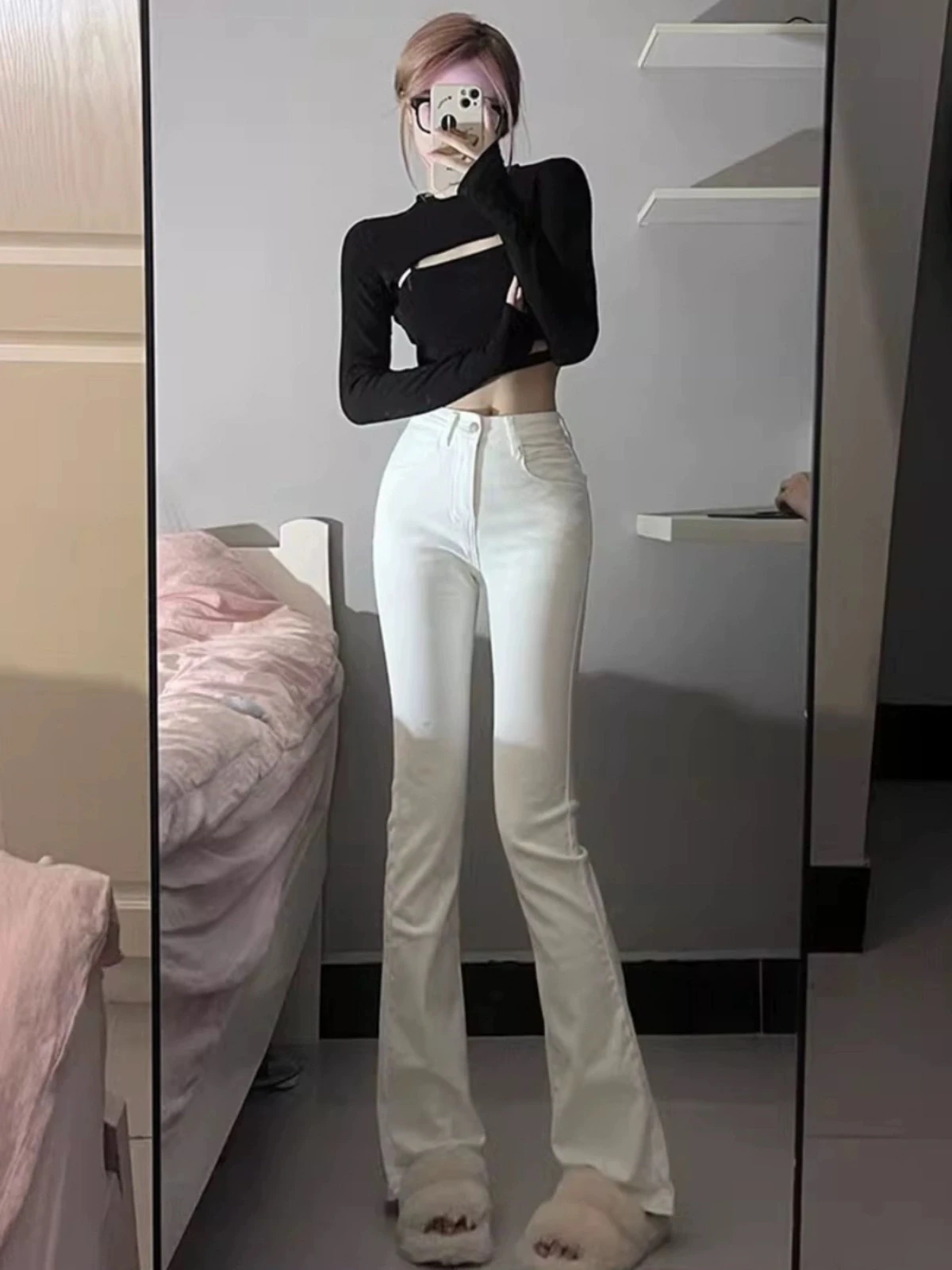 가을과 겨울 새로운 화이트 혼 청바지 여성 높은 허리 타이트 슬리밍 봄과 가을 약간 걸레 말굽 바지 