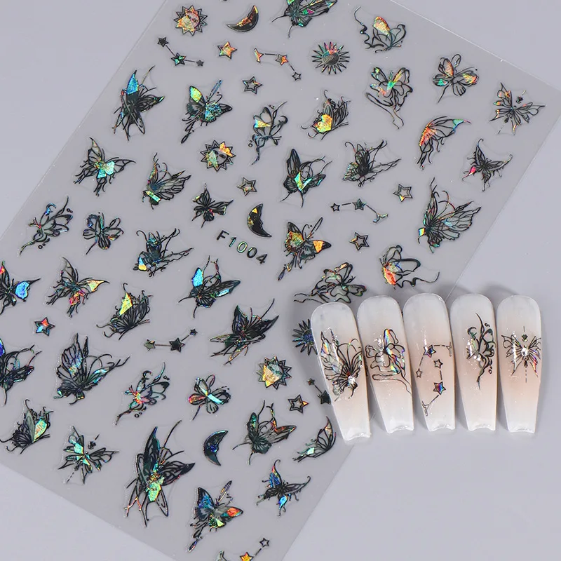 1PCS Black White Butterfly Laser Nail Stickers Y2K Nail Art Decoration Abstract Lines Bronzing Flowers Stickers For Nails 2