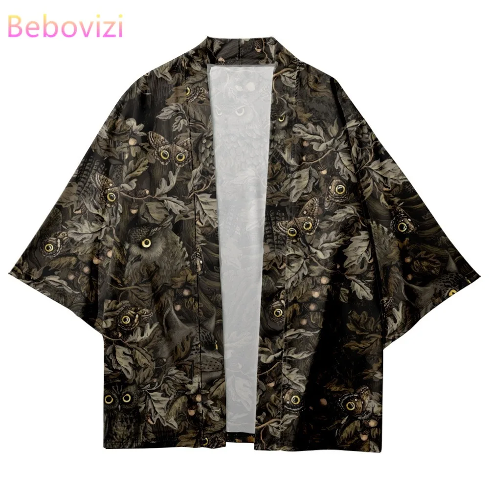 Fashion Animal Owl Print Shirts Japanese Streetwear Haori Traditional Cardigan Men Kimono Summer Beach Yukata Asian Clothing