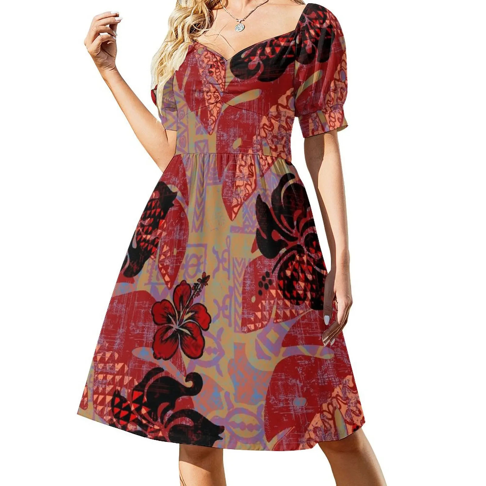 thumbnail image 1 of Vestido de fiesta de lujo para mujer con estampado floral tropical de Kona On Fire, de manga corta., 1 of 7
