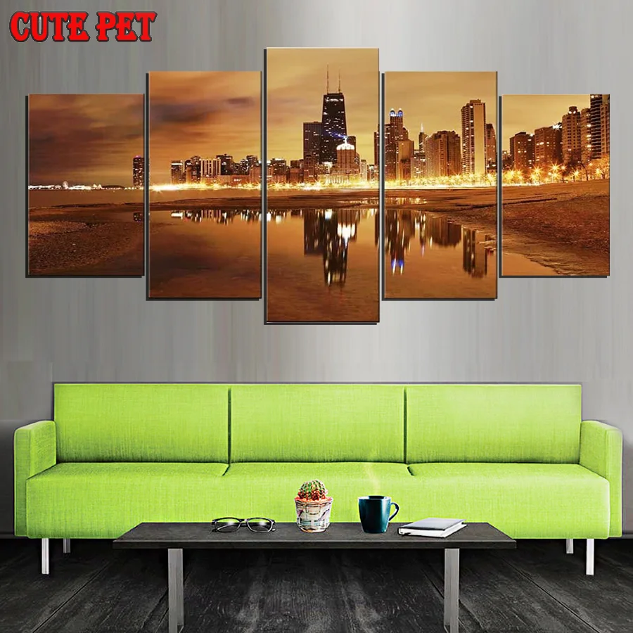 

City Night DIY Diamond Painting Cross Stitch kit picture chicago skyline Diamond Embroidery rhinestone pattern Home Decor 5PCS