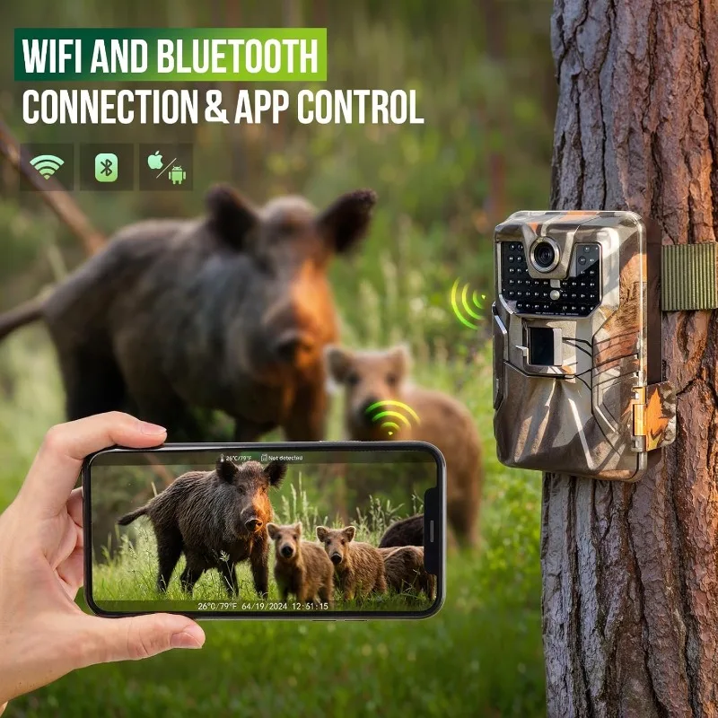 4K 48MP WiFi Trail Camera Bluetooth Game Night Vision 0.2sTrigger Motion Activated IP66 Waterproof Wide Angle Hunting Wildlife