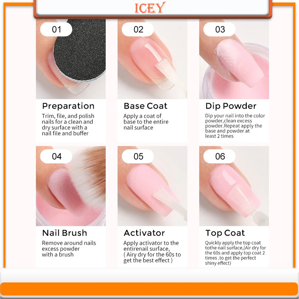 Icey Beauty 단색 네일 침수 파우더, DIP 디핑 파우더 세트, 데일리 프렌치 네일, 10g, 6 개