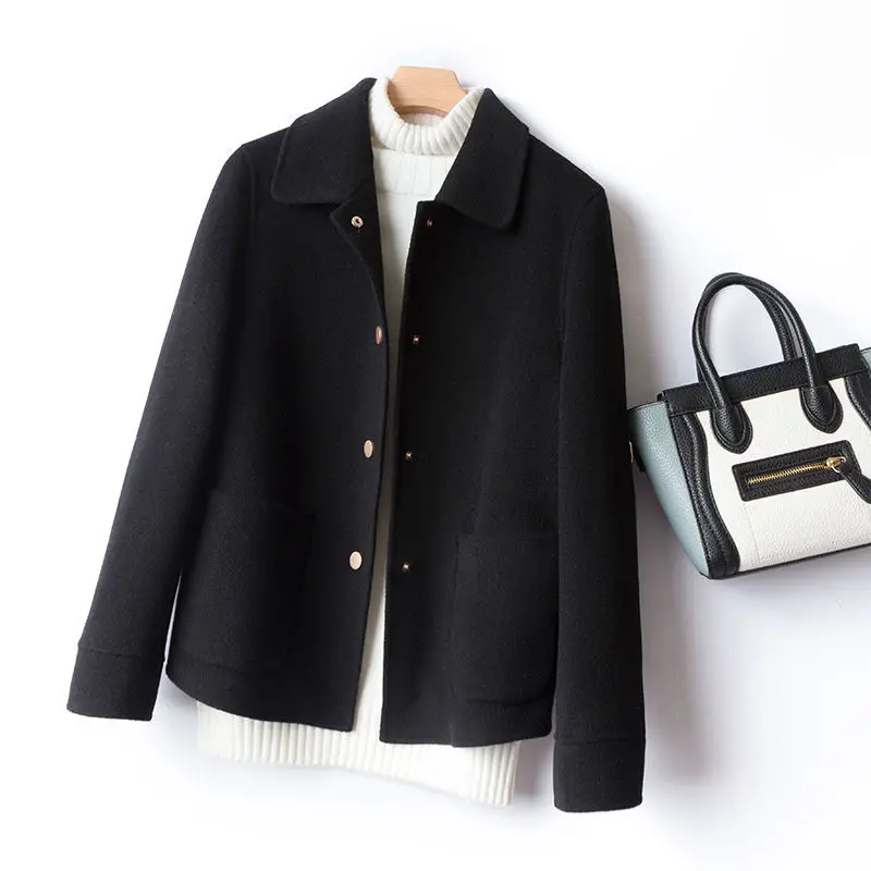 2024 Autumn Short Wool Coat Women Loose Korean Casual Long Sleeve Outwear Oversized Solid Casual Female Woolen Red Jacket