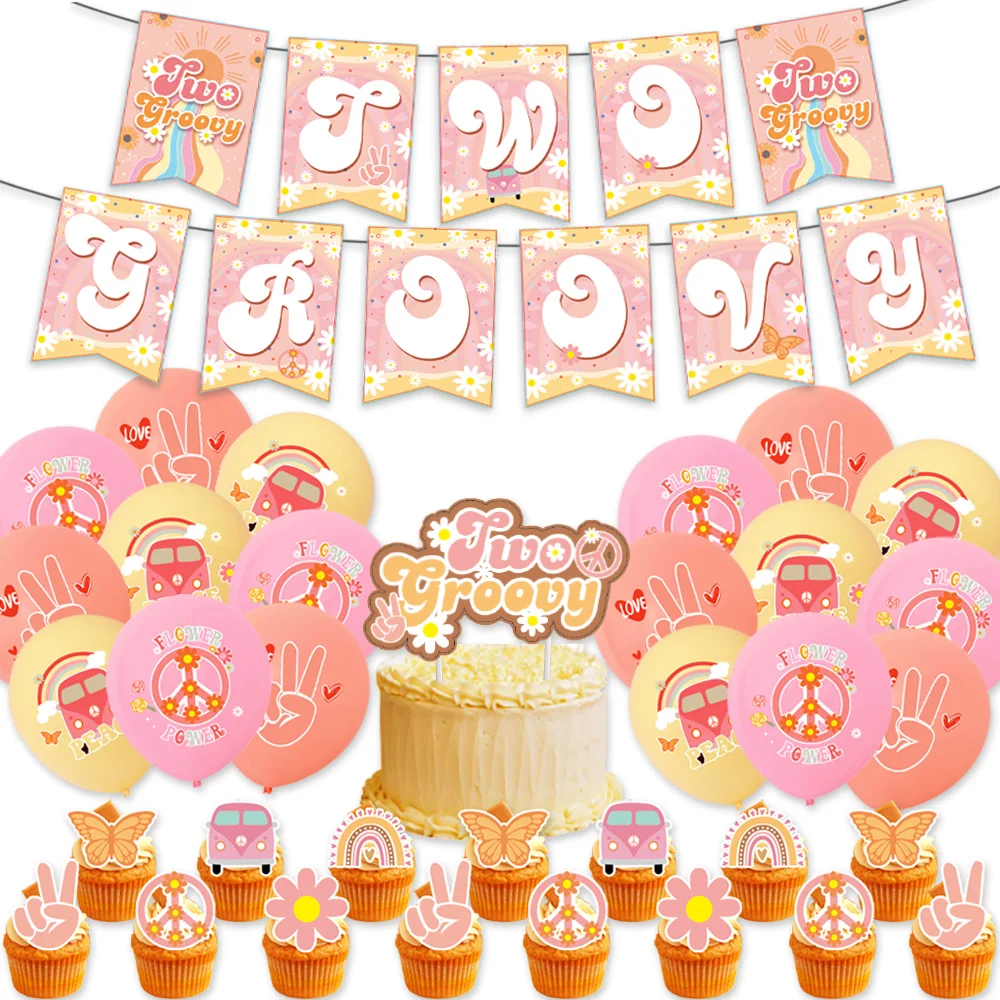 

Two Groovy Retro Hippie Boho Sign Hippie Theme Birthday Party Decoration Supplies Boy Party Backdrop Banner Daisy Flower Groovy