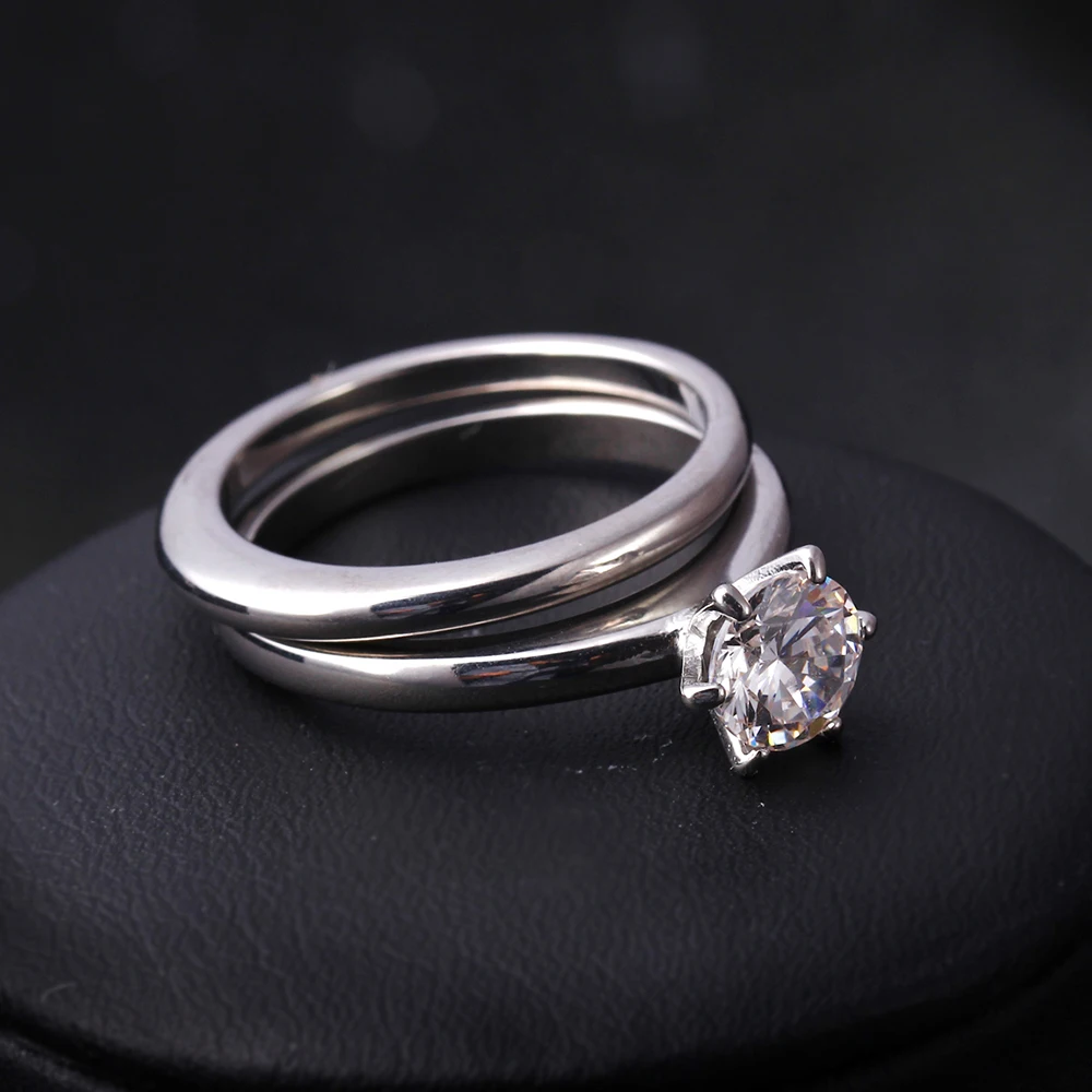 7mm 5A Cubic Zircon Ring 316L Stainless Steel Size 6-10 2PCS Set Engagement Wedding Jewelry For Women