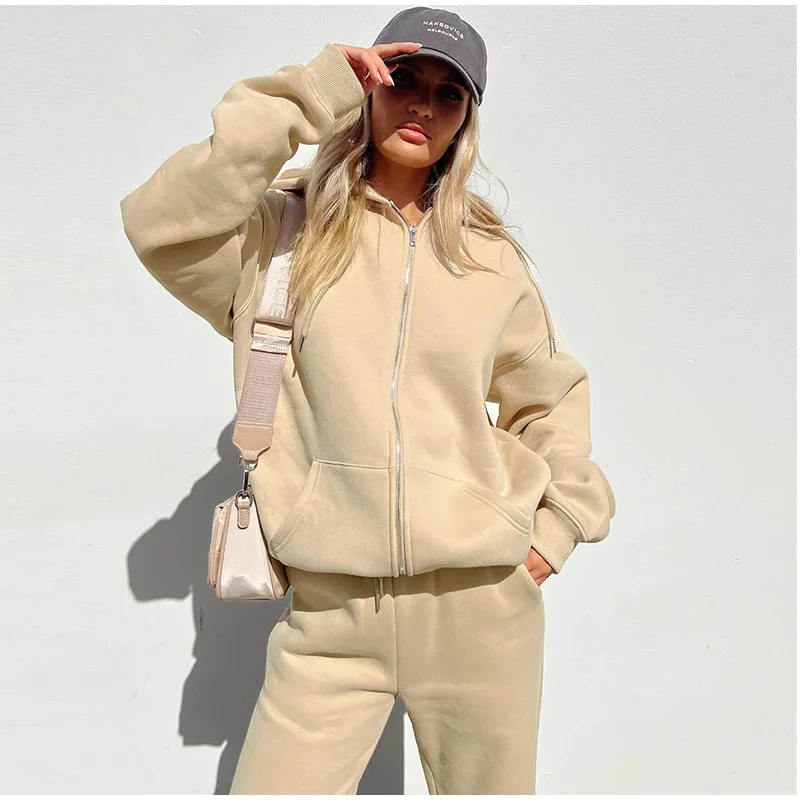 

Two-piece solid color loose hooded sportswear jogging women's suit