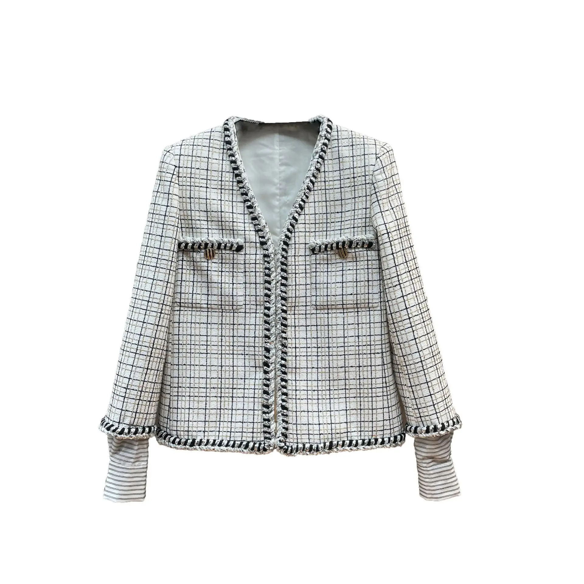 여성 체크무늬 브이넥 가디건, 굵은 모직 재킷, 실버 실 짜임, 블랙 앤 화이트 상의