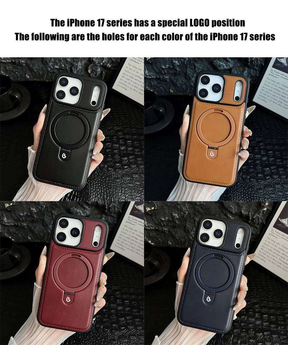 Luxury Magnetic Stand Ring PU Leather Phone Case with Magsafe and Hollow Logo Design