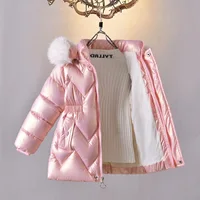 2026 Winter Spring Boys Girls Jacket Solid Color Lining Plush Thick Warm Glossy Waterproof Hooded Parka For 4-8 Years Girls