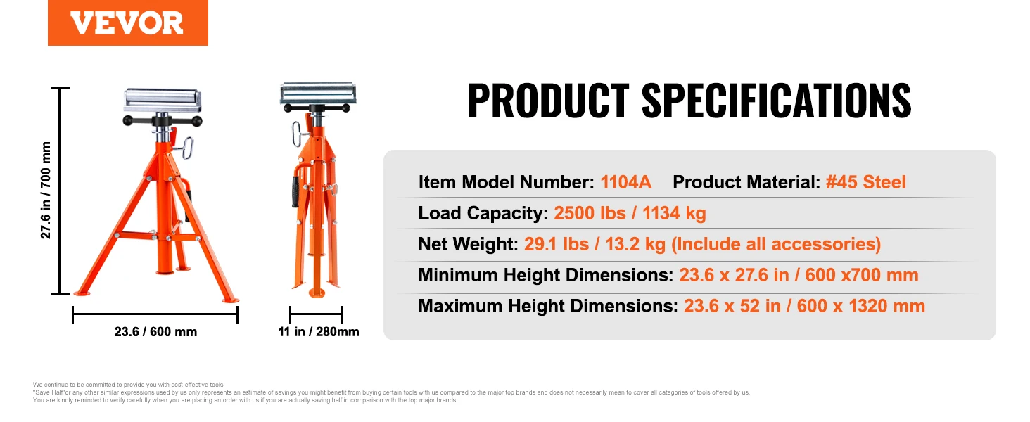 SucceBuy Roller Stand Heavy Duty 2500 LBS Load Capacity 27.6"-52" Adjustable Folding Roller Support Stand for Pipe Wooden Boards