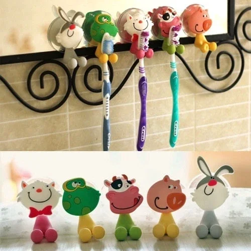 

Suction Cup Toothbrush Holder Wall Mounted Cute Cartoon Cat Frog Pig Bathroom Toothbrush Suction Cup Toothpaste Hanger Rack