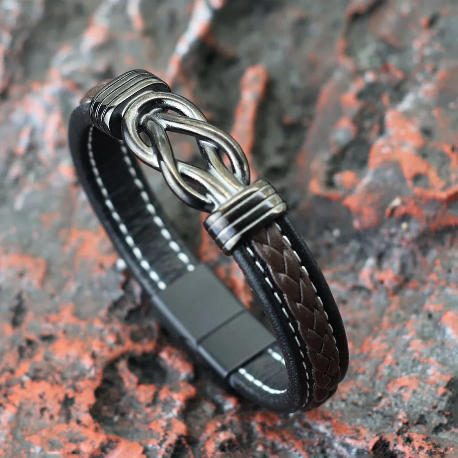 Leather Punk Rock Bangle for Men with Magnet Buckle