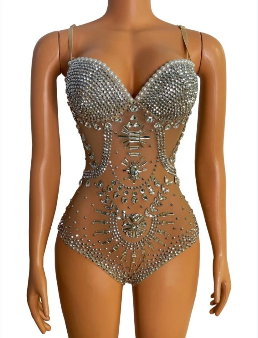 

New Transparent Nude Mesh Shining Crystals Leotard Birthday Celebrate Bodysuit Female Singer Performance See Through Clothes