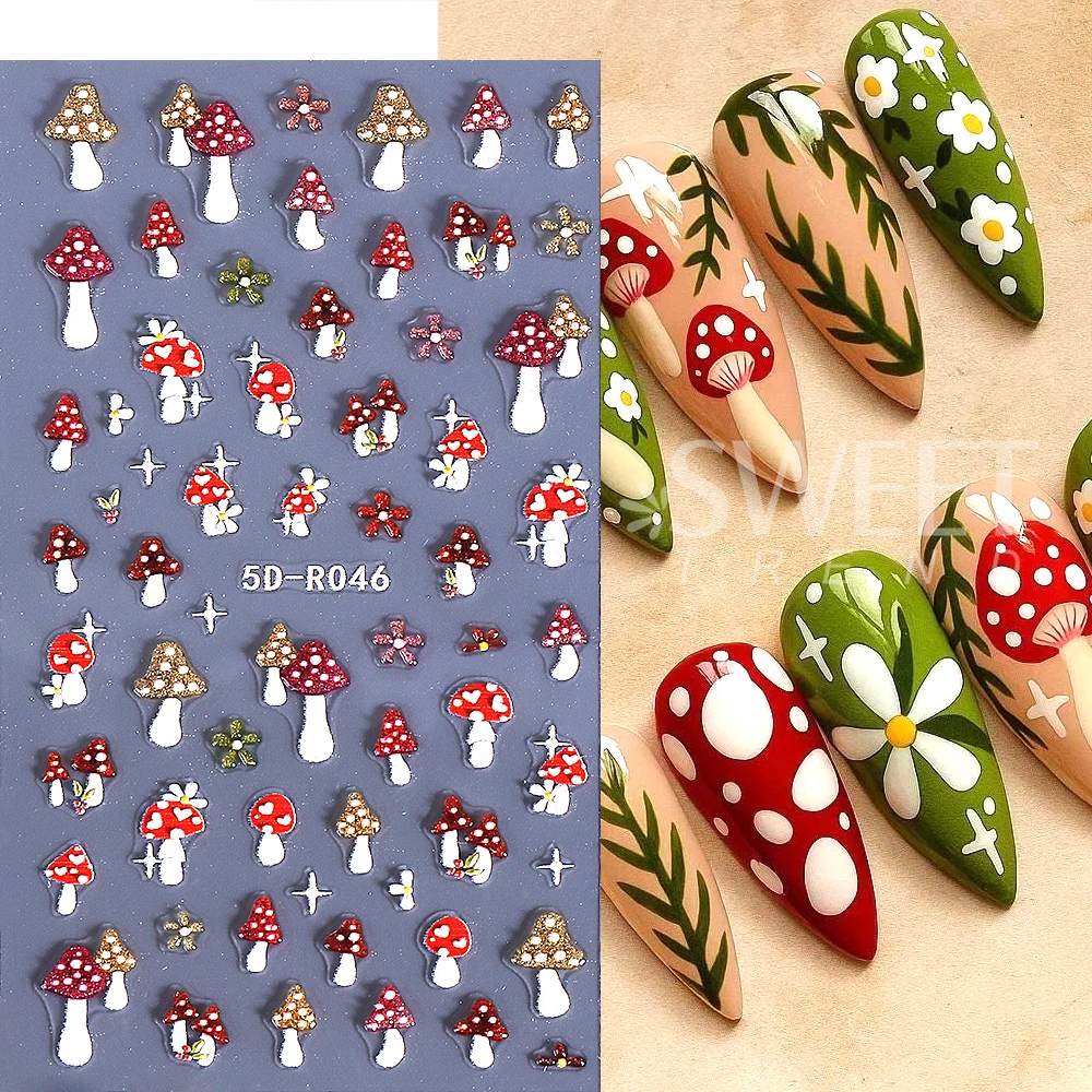 5D Embossed Flash Frog Nail Art Sticker Adhesive Mushrooms Flower Autumn Winter Nail Decals Manicure Decoration Nail Supplies
