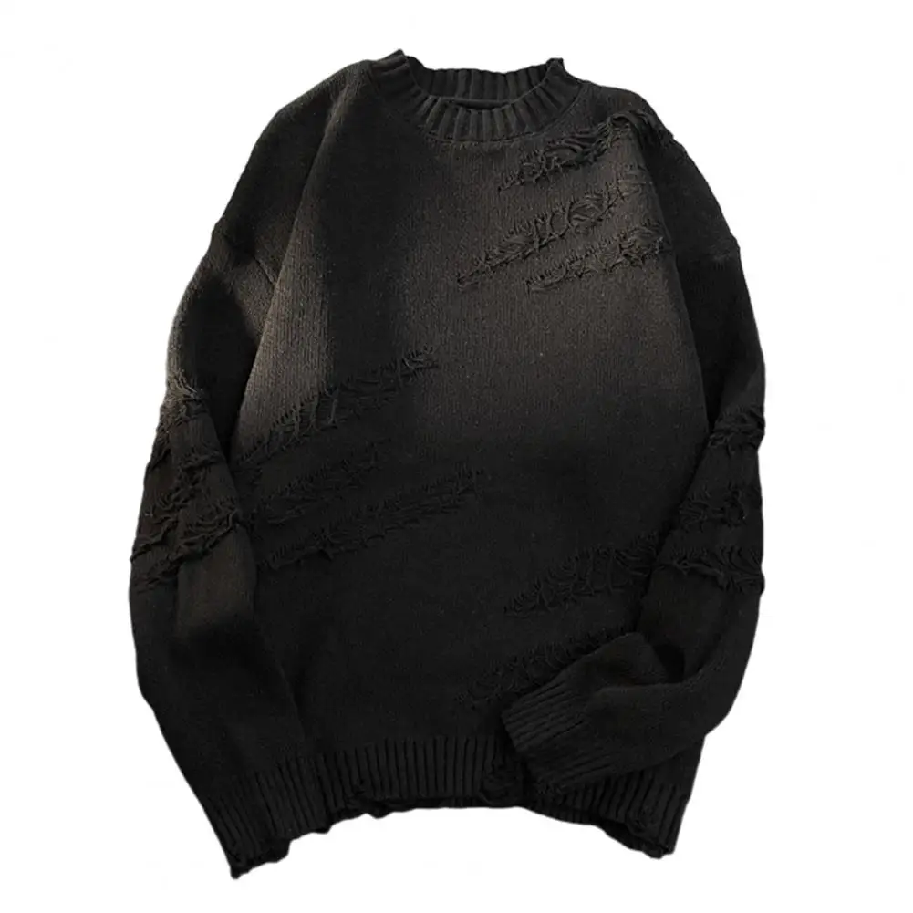 Men Sweater Long Sleeve Sweater Vintage Hip Hop Style Men's Round Neck Ripped with Long Sleeve Pullover for Fall Winter