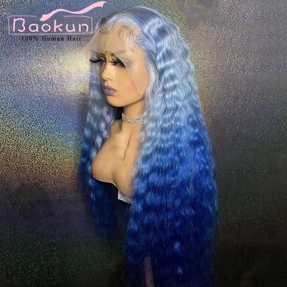 Transparent Blue Deep Wave Frontal Wig 13x6 HD Lace Front Human Hair Wigs 200 Density Glueless 13x4 Human Hair Lace Frontal Wig