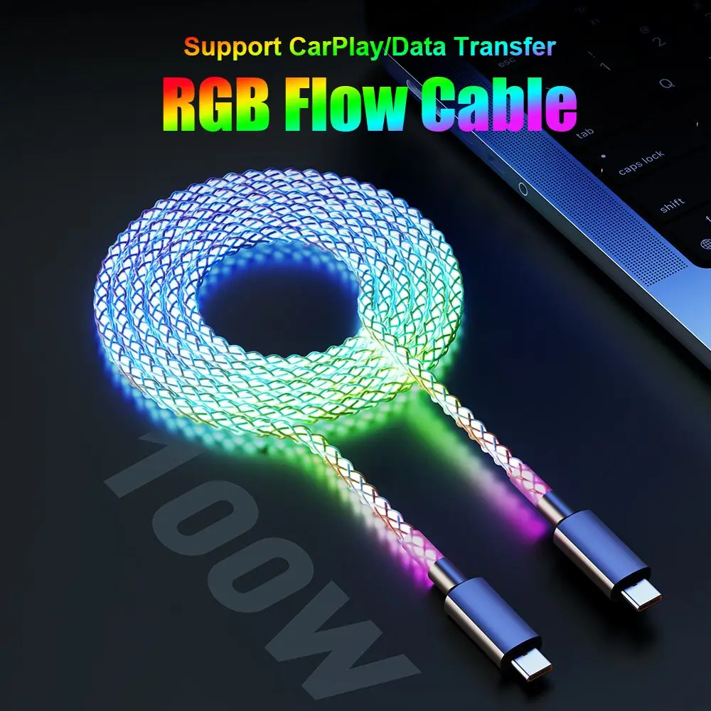 

6A Fast Charging RGB Breathing Luminous Gradient Light Data Cable 66W TYPE-C Charger For iPhone 15 Pro Huawei Samsung Data Cable