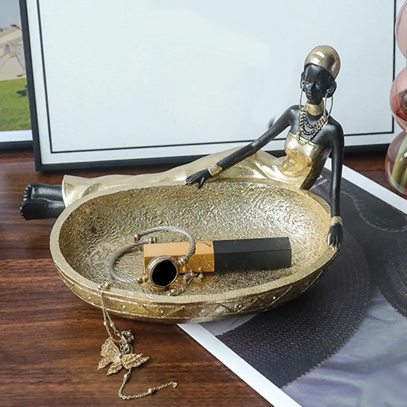 African Figurine Girl Statue with Serving Tray Multifunctional,Home Decoration,African Statue and Sculpture for Home Bedroom